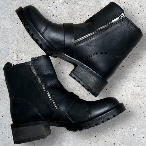 Lucky Brand Moto Boot Ondalucia Zipper Buckle Leather Combat Platform Chunky - Picture 2 of 11